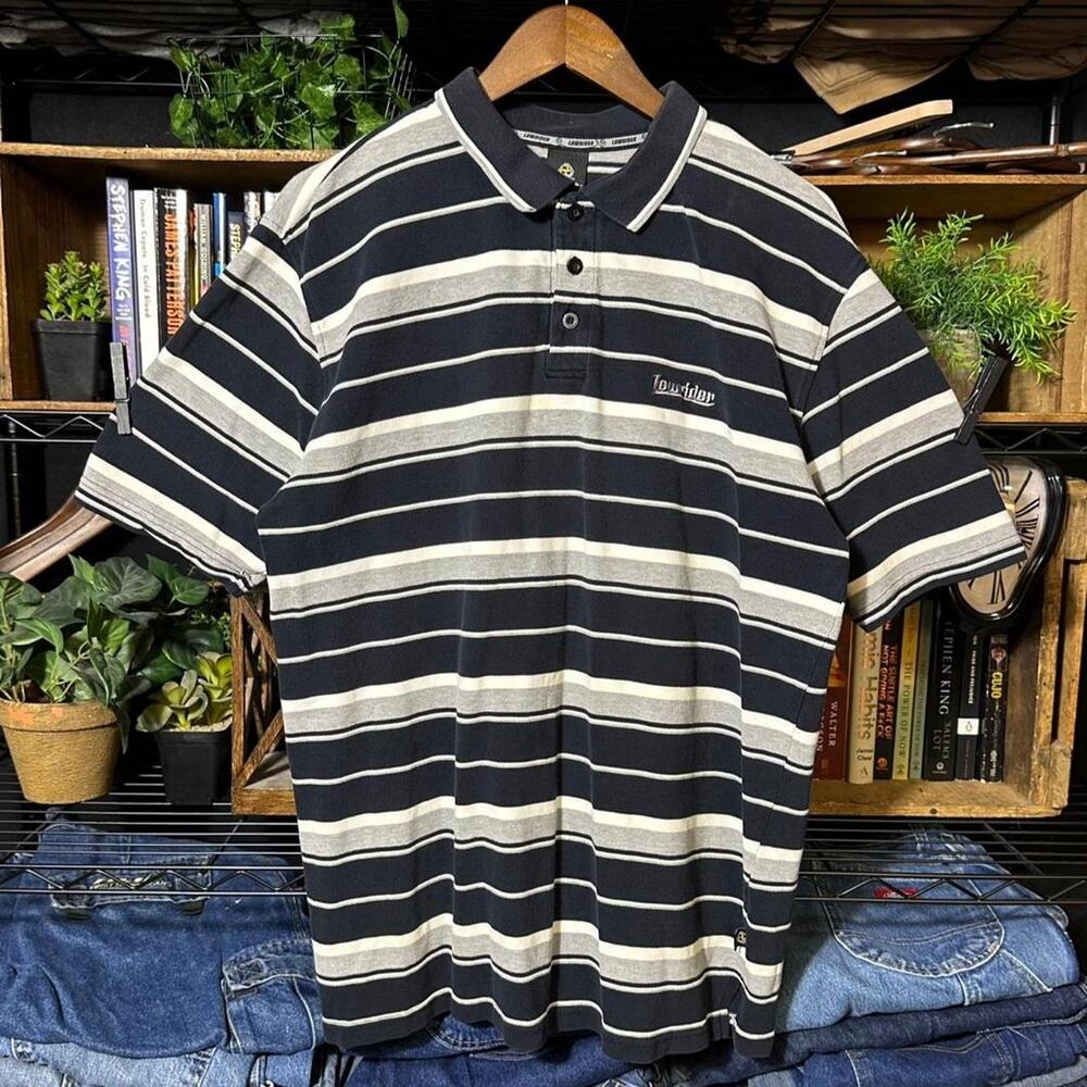 Vintage Y2K Lowrider Striped Polo Shirt Navy Blue Embroidered Collared Tee 2XL